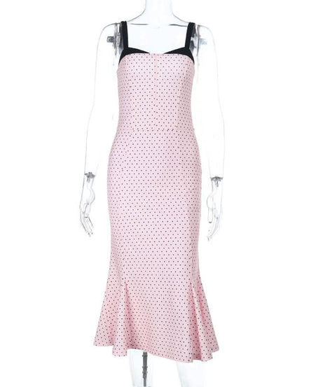 Effortless Fall Chic: Pink Polka Dot Cami Midi Dress with Flattering Mermaid Hem