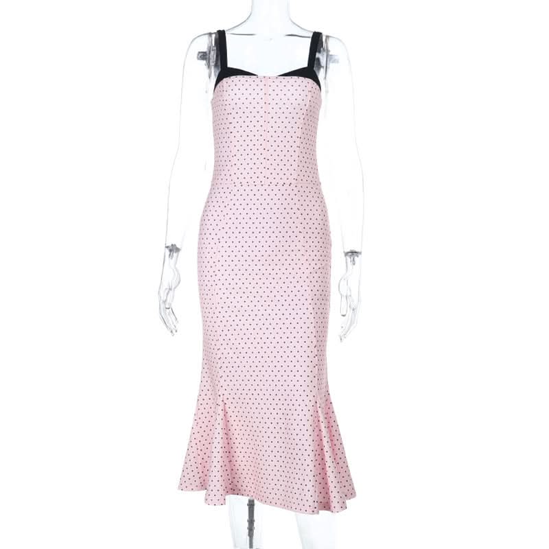 Effortless Fall Chic: Pink Polka Dot Cami Midi Dress with Flattering Mermaid Hem