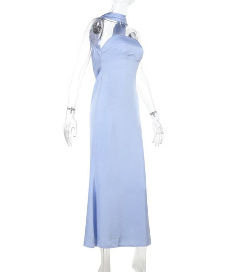 Elegant Sky Blue Satin Halter Maxi Dress - Perfect for Fall & Holiday Galas