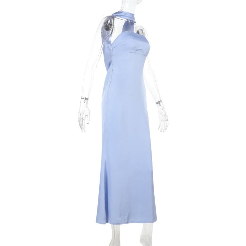 Elegant Sky Blue Satin Halter Maxi Dress - Perfect for Fall & Holiday Galas