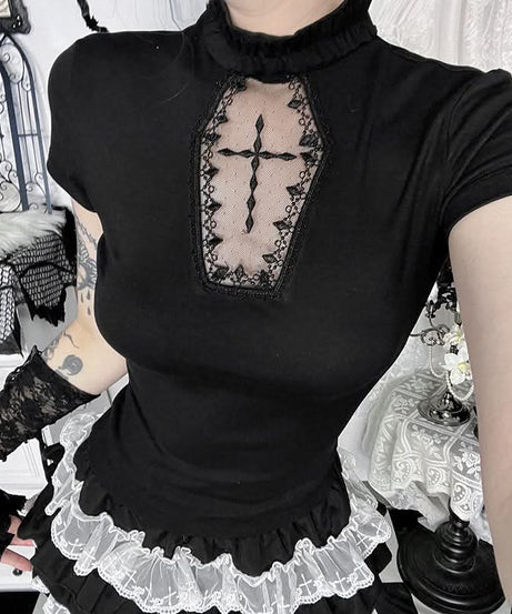 Spooky Chic Gothic Coffin Lace High Neck Top - Halloween & Fall Ready