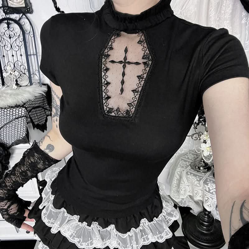 Spooky Chic Gothic Coffin Lace High Neck Top - Halloween & Fall Ready