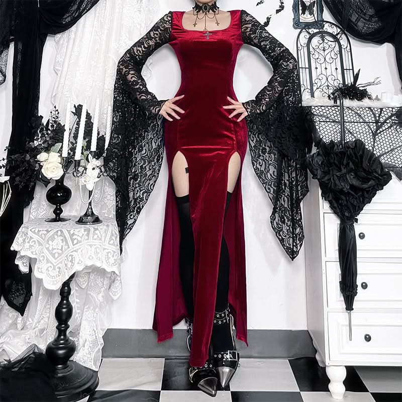 Gothic Vampire Velvet Slit Gown with Dramatic Lace Bell Sleeves | Perfect for Halloween & Fall