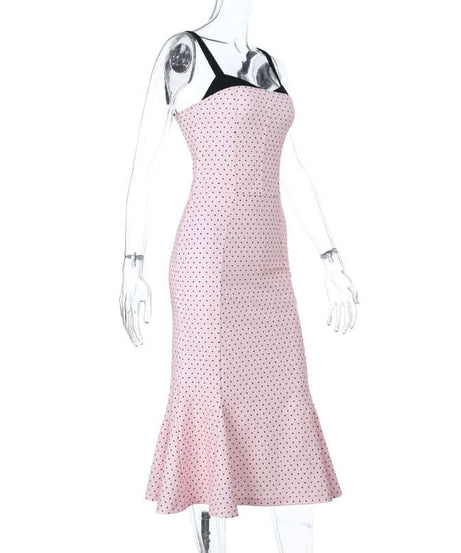 Effortless Fall Chic: Pink Polka Dot Cami Midi Dress with Flattering Mermaid Hem