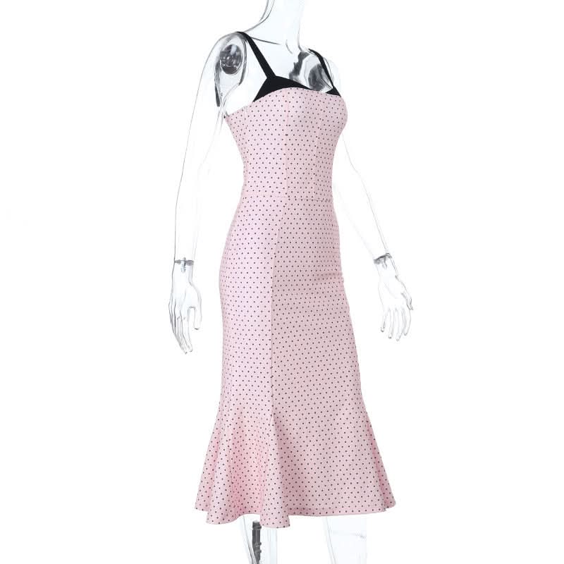 Effortless Fall Chic: Pink Polka Dot Cami Midi Dress with Flattering Mermaid Hem