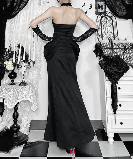 The Midnight Siren: Gothic Halter Lace Slit Maxi Dress for Enchanting Halloween & Fall Evenings