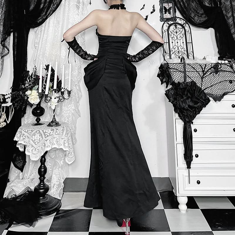 The Midnight Siren: Gothic Halter Lace Slit Maxi Dress for Enchanting Halloween & Fall Evenings