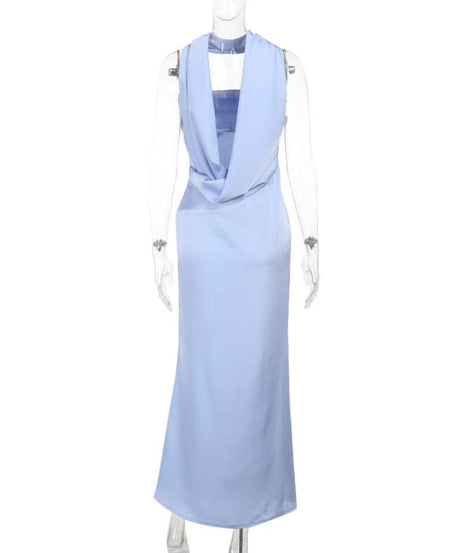 Elegant Sky Blue Satin Halter Maxi Dress - Perfect for Fall & Holiday Galas