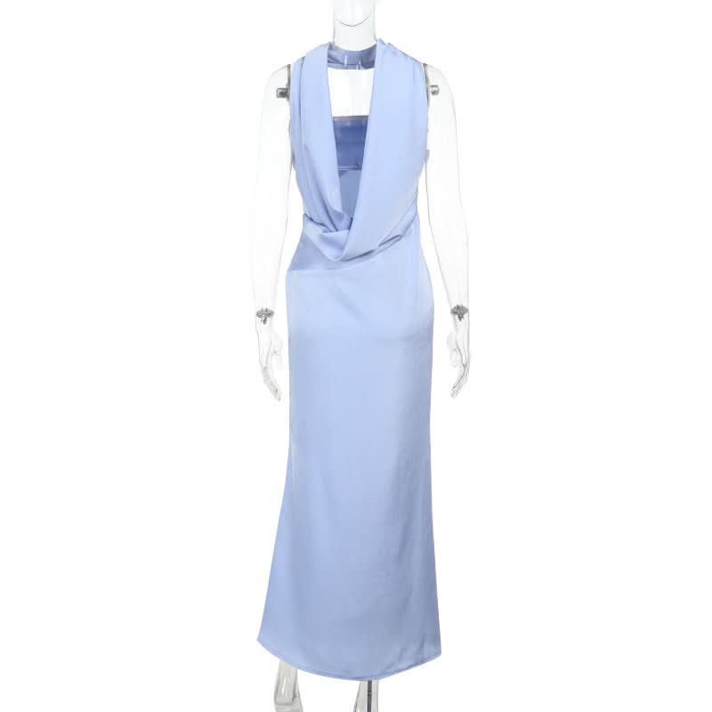 Elegant Sky Blue Satin Halter Maxi Dress - Perfect for Fall & Holiday Galas