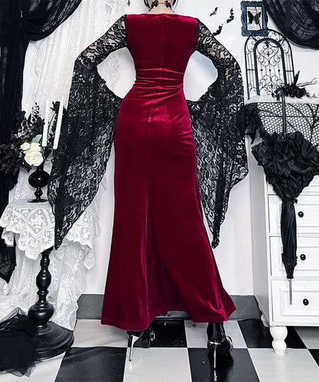 Gothic Vampire Velvet Slit Gown with Dramatic Lace Bell Sleeves | Perfect for Halloween & Fall