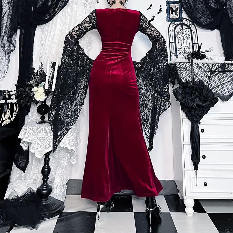 Gothic Vampire Velvet Slit Gown with Dramatic Lace Bell Sleeves | Perfect for Halloween & Fall