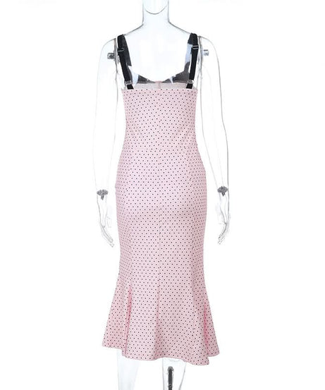 Effortless Fall Chic: Pink Polka Dot Cami Midi Dress with Flattering Mermaid Hem