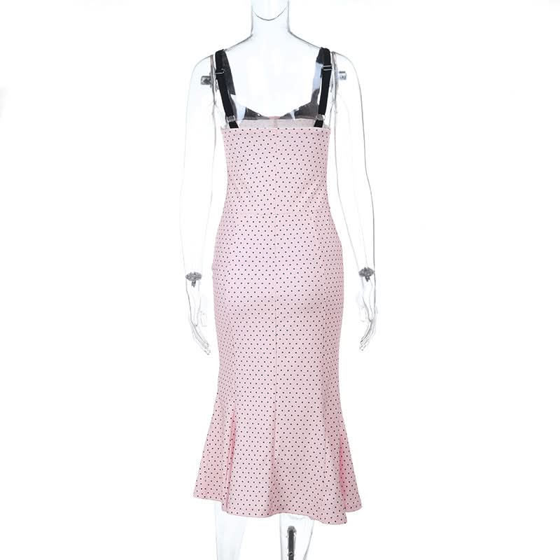 Effortless Fall Chic: Pink Polka Dot Cami Midi Dress with Flattering Mermaid Hem