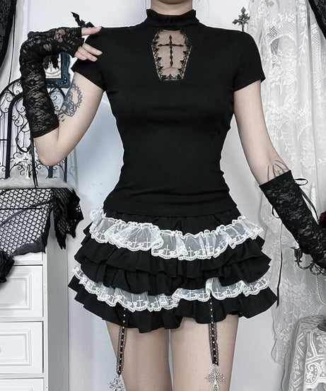 Gothic Romance Ruffle Mini Skirt with Contrast Lace – Perfect for Spooky Season & Alt Style