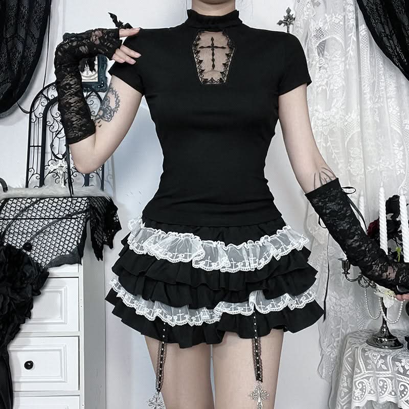 Gothic Romance Ruffle Mini Skirt with Contrast Lace – Perfect for Spooky Season & Alt Style