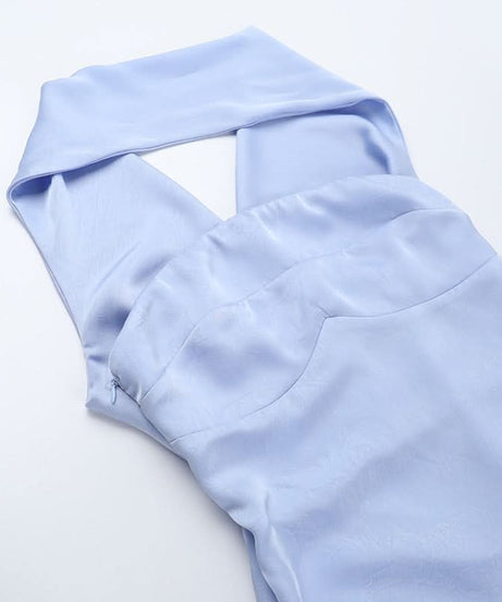 Elegant Sky Blue Satin Halter Maxi Dress - Perfect for Fall & Holiday Galas