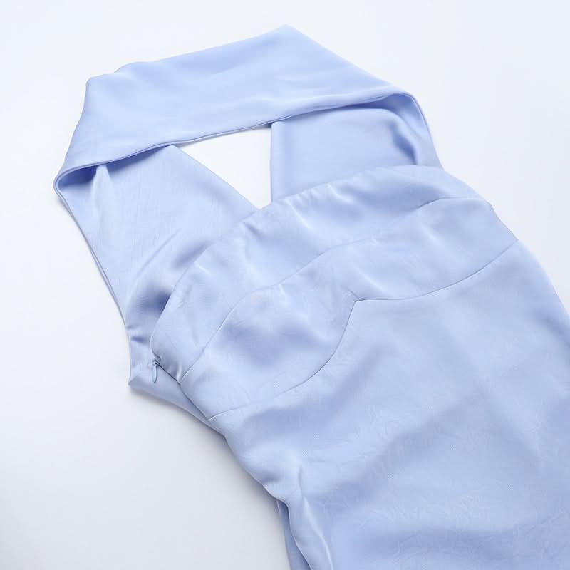 Elegant Sky Blue Satin Halter Maxi Dress - Perfect for Fall & Holiday Galas