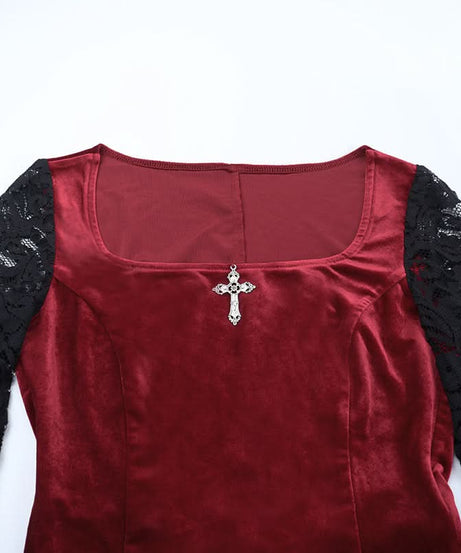 Gothic Vampire Velvet Slit Gown with Dramatic Lace Bell Sleeves | Perfect for Halloween & Fall