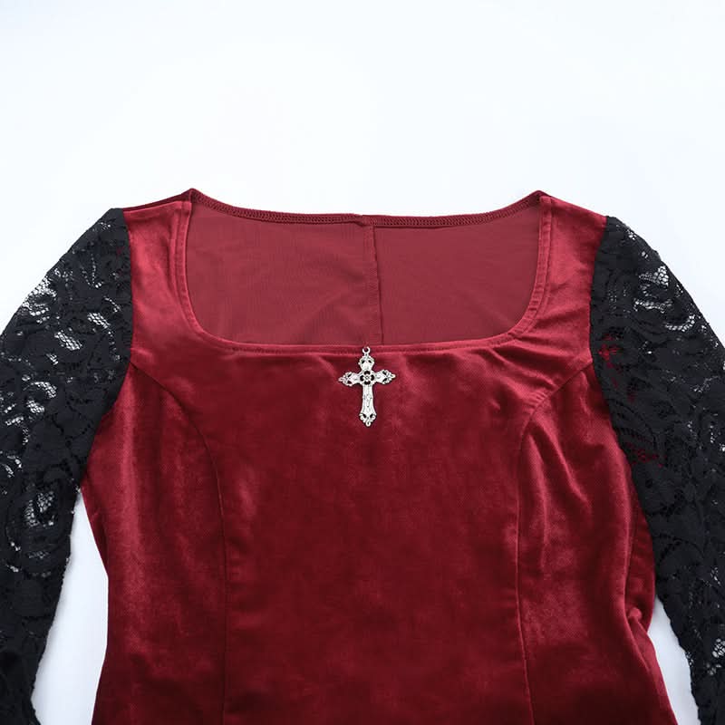 Gothic Vampire Velvet Slit Gown with Dramatic Lace Bell Sleeves | Perfect for Halloween & Fall