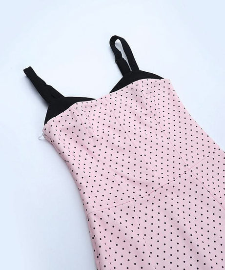 Effortless Fall Chic: Pink Polka Dot Cami Midi Dress with Flattering Mermaid Hem