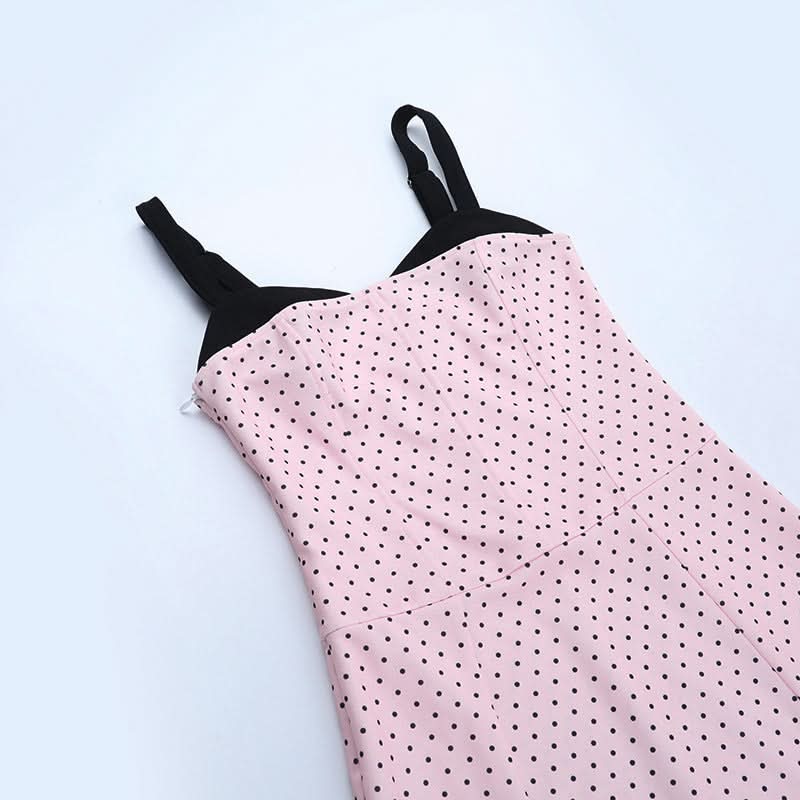 Effortless Fall Chic: Pink Polka Dot Cami Midi Dress with Flattering Mermaid Hem