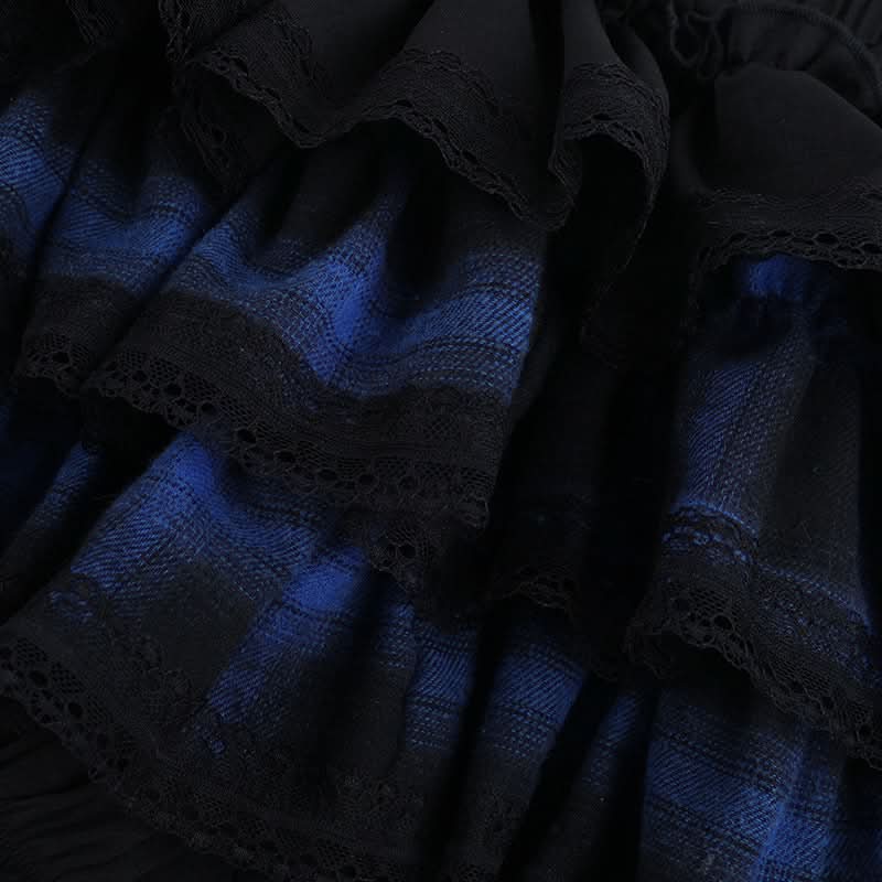 Gothic Blue Plaid Corset Mini Dress - Ruffled Alt Fashion for Halloween & Fall