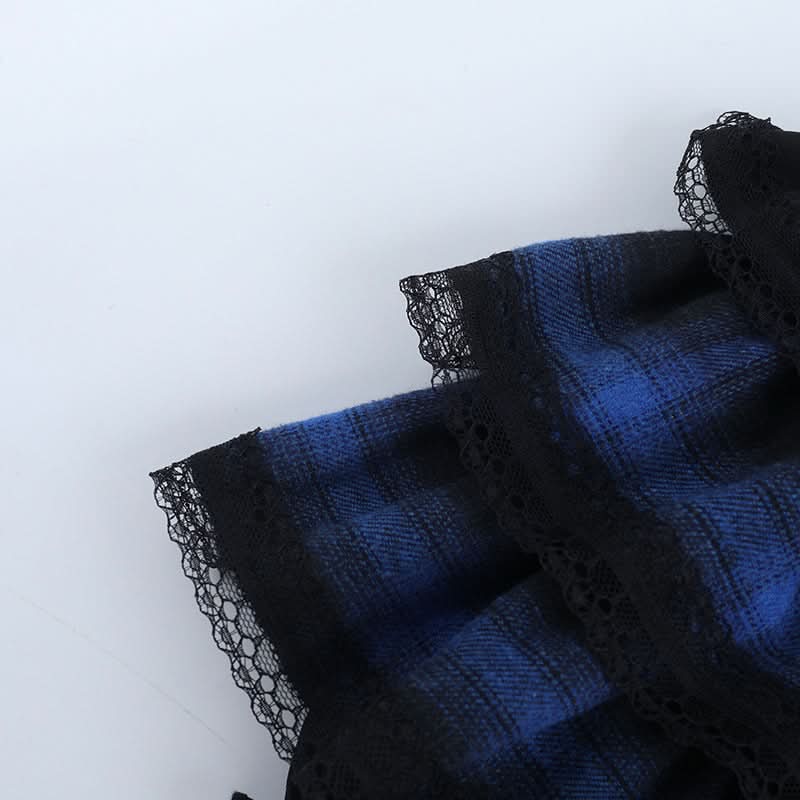 Gothic Blue Plaid Corset Mini Dress - Ruffled Alt Fashion for Halloween & Fall