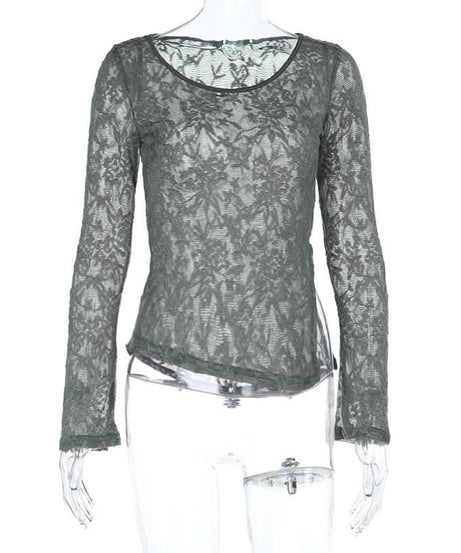 Fall Elegance: Chic Grey Sheer Lace Asymmetric Long Sleeve Top for Women