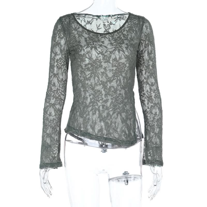 Fall Elegance: Chic Grey Sheer Lace Asymmetric Long Sleeve Top for Women