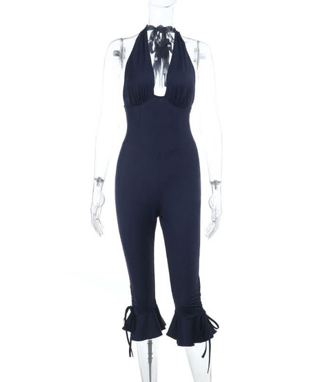 Fall Chic Halter Neck Jumpsuit | Deep V Ruched Bodice & Ruffle Tie Ankles