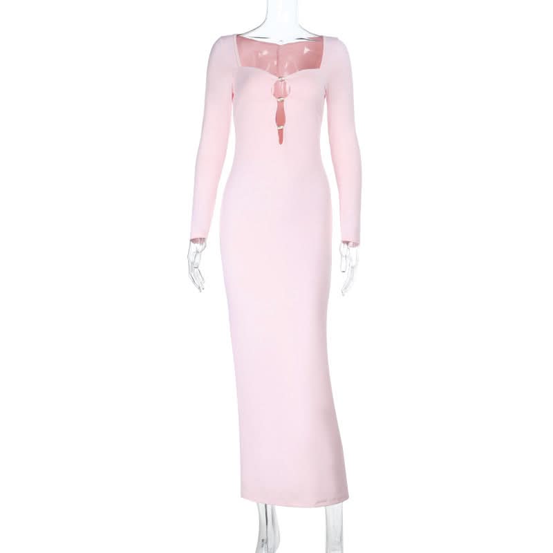 Elegant Blush Pink Long Sleeve Maxi Dress | Square Neck Keyhole | Fall & Holiday Party Ready