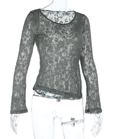 Fall Elegance: Chic Grey Sheer Lace Asymmetric Long Sleeve Top for Women