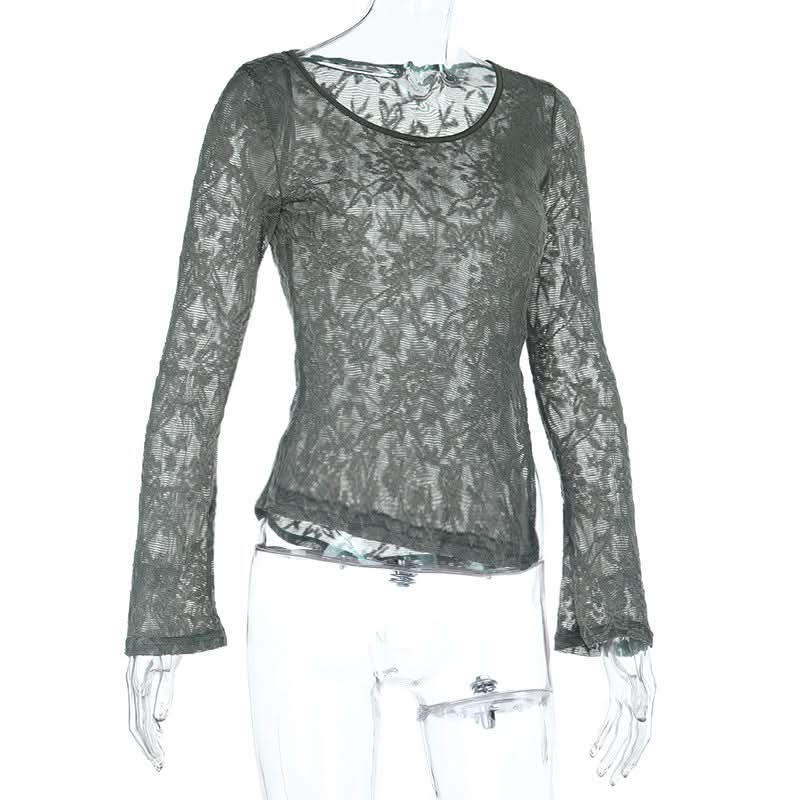 Fall Elegance: Chic Grey Sheer Lace Asymmetric Long Sleeve Top for Women