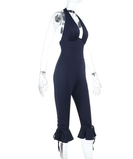 Fall Chic Halter Neck Jumpsuit | Deep V Ruched Bodice & Ruffle Tie Ankles