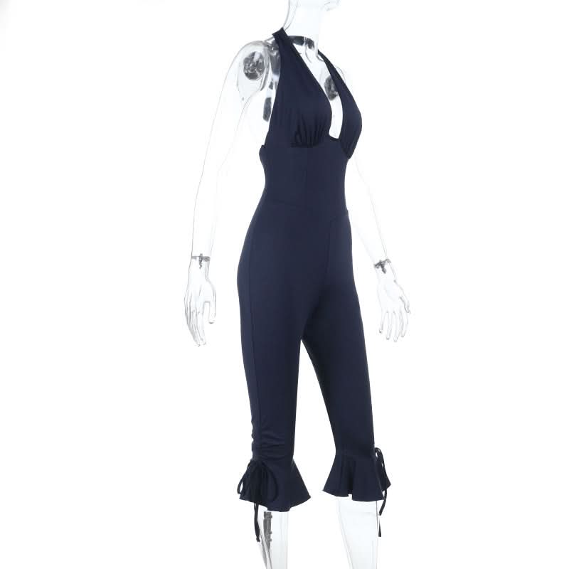 Fall Chic Halter Neck Jumpsuit | Deep V Ruched Bodice & Ruffle Tie Ankles