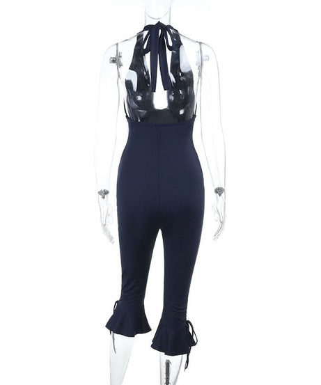 Fall Chic Halter Neck Jumpsuit | Deep V Ruched Bodice & Ruffle Tie Ankles