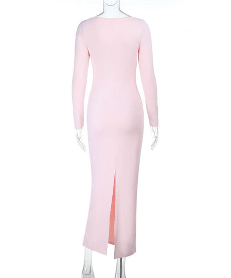 Elegant Blush Pink Long Sleeve Maxi Dress | Square Neck Keyhole | Fall & Holiday Party Ready
