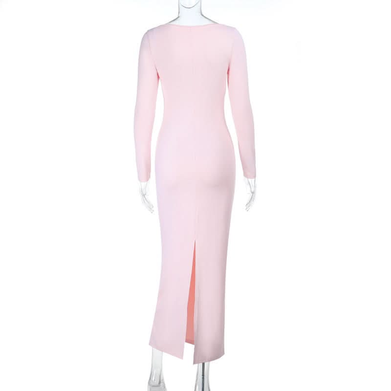 Elegant Blush Pink Long Sleeve Maxi Dress | Square Neck Keyhole | Fall & Holiday Party Ready