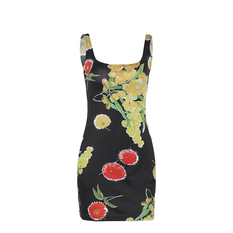Chic Autumn Bloom Backless Mini Dress - Square Neck Floral Bodycon for Women