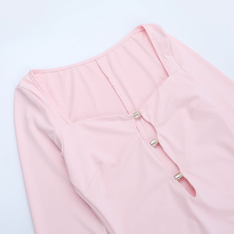 Elegant Blush Pink Long Sleeve Maxi Dress | Square Neck Keyhole | Fall & Holiday Party Ready