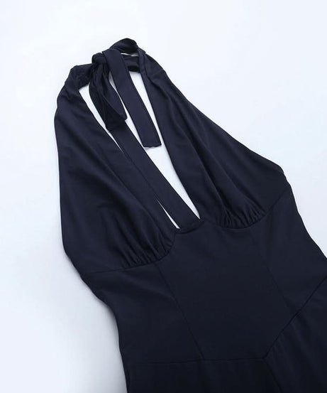 Fall Chic Halter Neck Jumpsuit | Deep V Ruched Bodice & Ruffle Tie Ankles