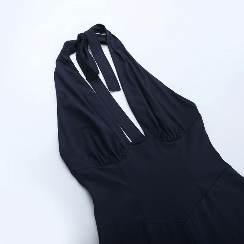 Fall Chic Halter Neck Jumpsuit | Deep V Ruched Bodice & Ruffle Tie Ankles