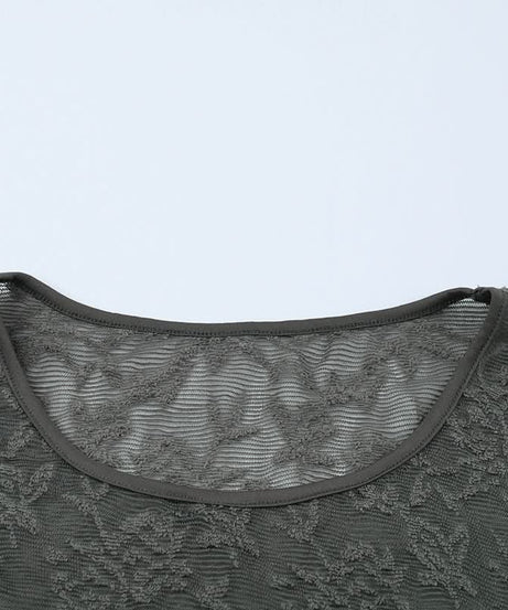 Fall Elegance: Chic Grey Sheer Lace Asymmetric Long Sleeve Top for Women