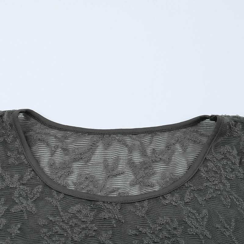 Fall Elegance: Chic Grey Sheer Lace Asymmetric Long Sleeve Top for Women