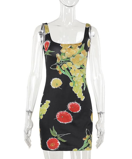 Chic Autumn Bloom Backless Mini Dress - Square Neck Floral Bodycon for Women