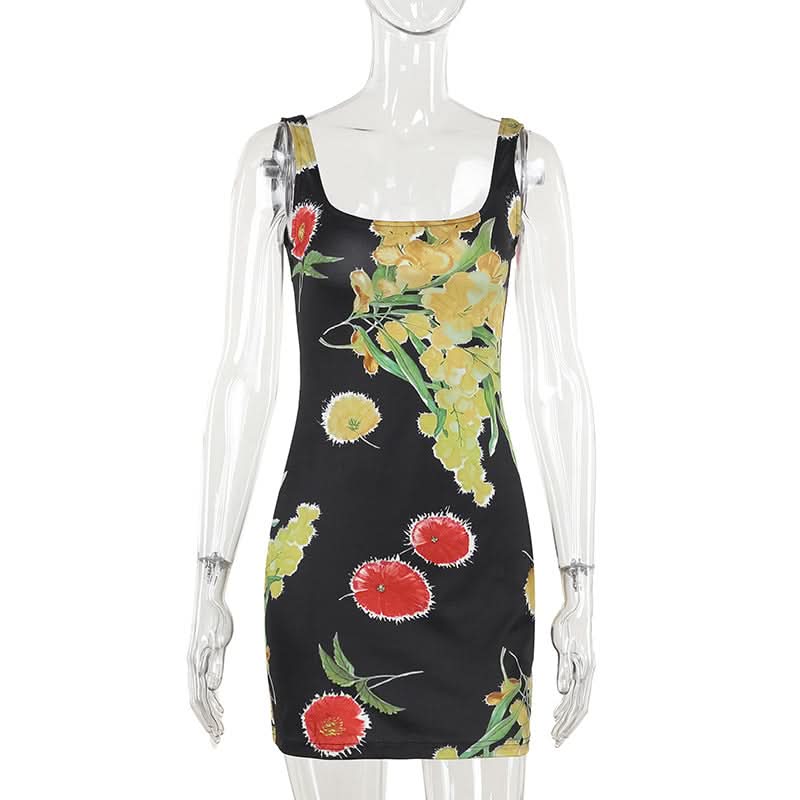 Chic Autumn Bloom Backless Mini Dress - Square Neck Floral Bodycon for Women