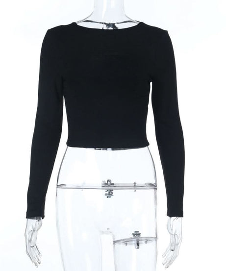 Fall Essential: Chic Black Long Sleeve Crewneck Crop Top with Self-Tie Backless Design