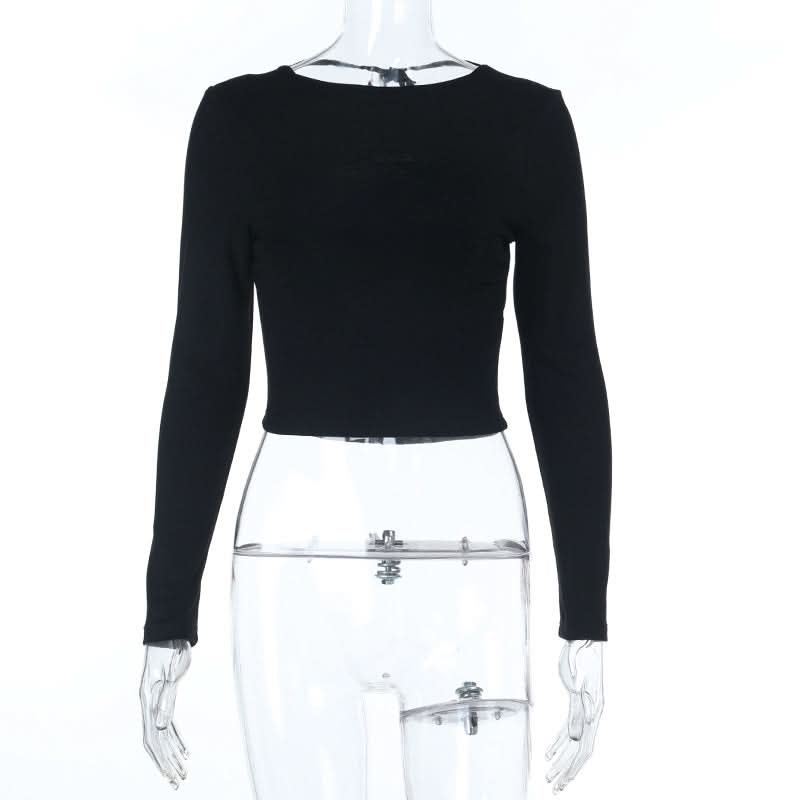 Fall Essential: Chic Black Long Sleeve Crewneck Crop Top with Self-Tie Backless Design