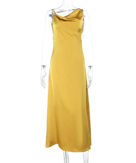 Golden Hour Glamour: Cowl Neck Satin Maxi Dress - Perfect for Fall & Holiday Soirées