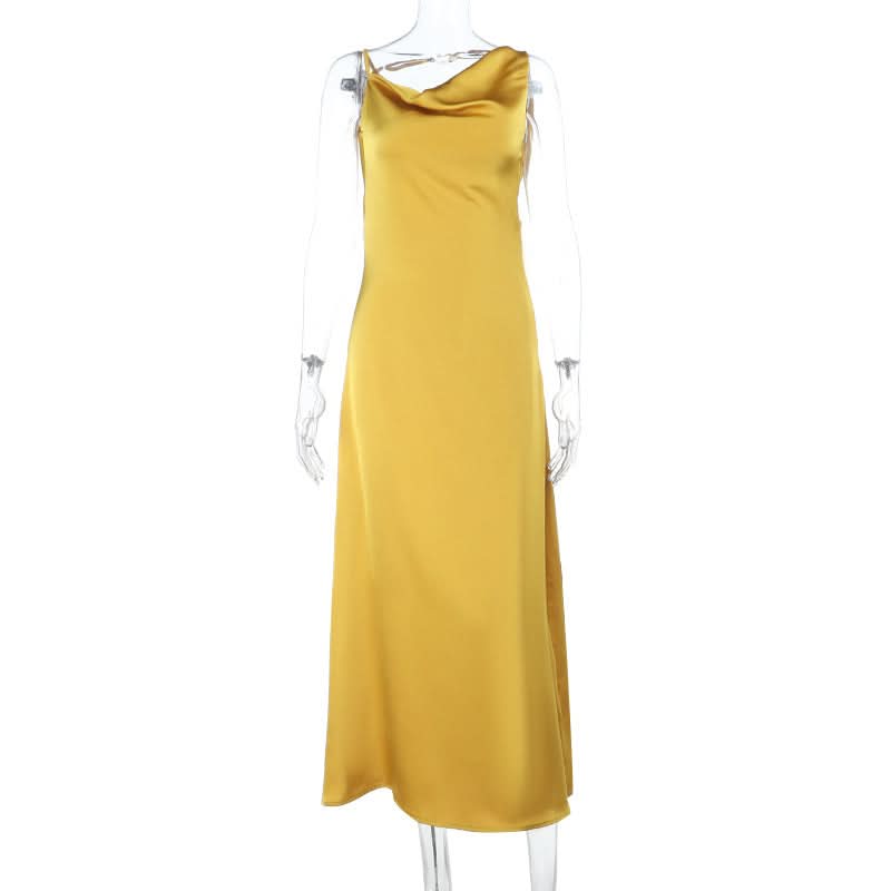 Golden Hour Glamour: Cowl Neck Satin Maxi Dress - Perfect for Fall & Holiday Soirées